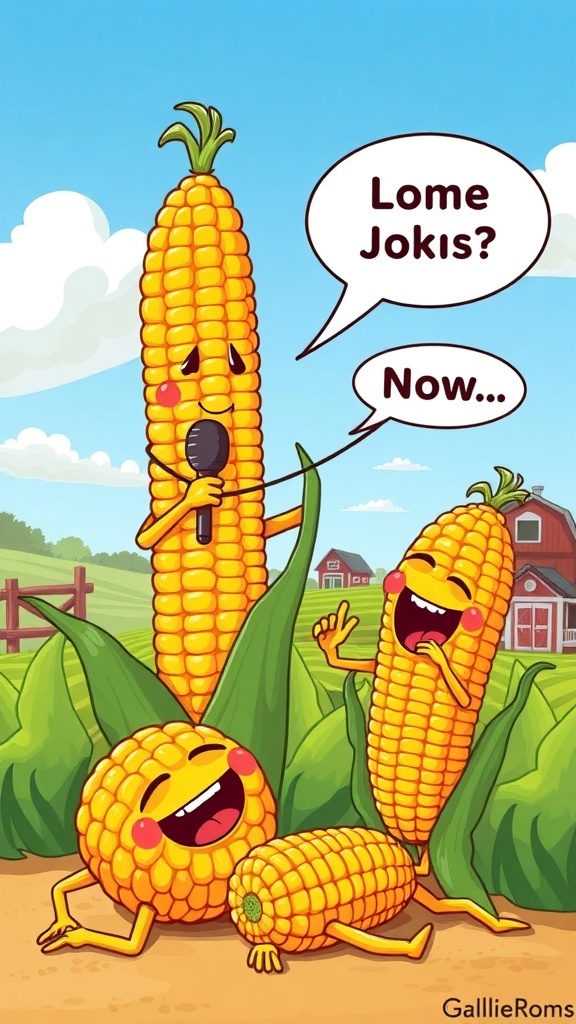 Cartoon corn characters sharing jokes on a farm, with one corn cob as a comedian.